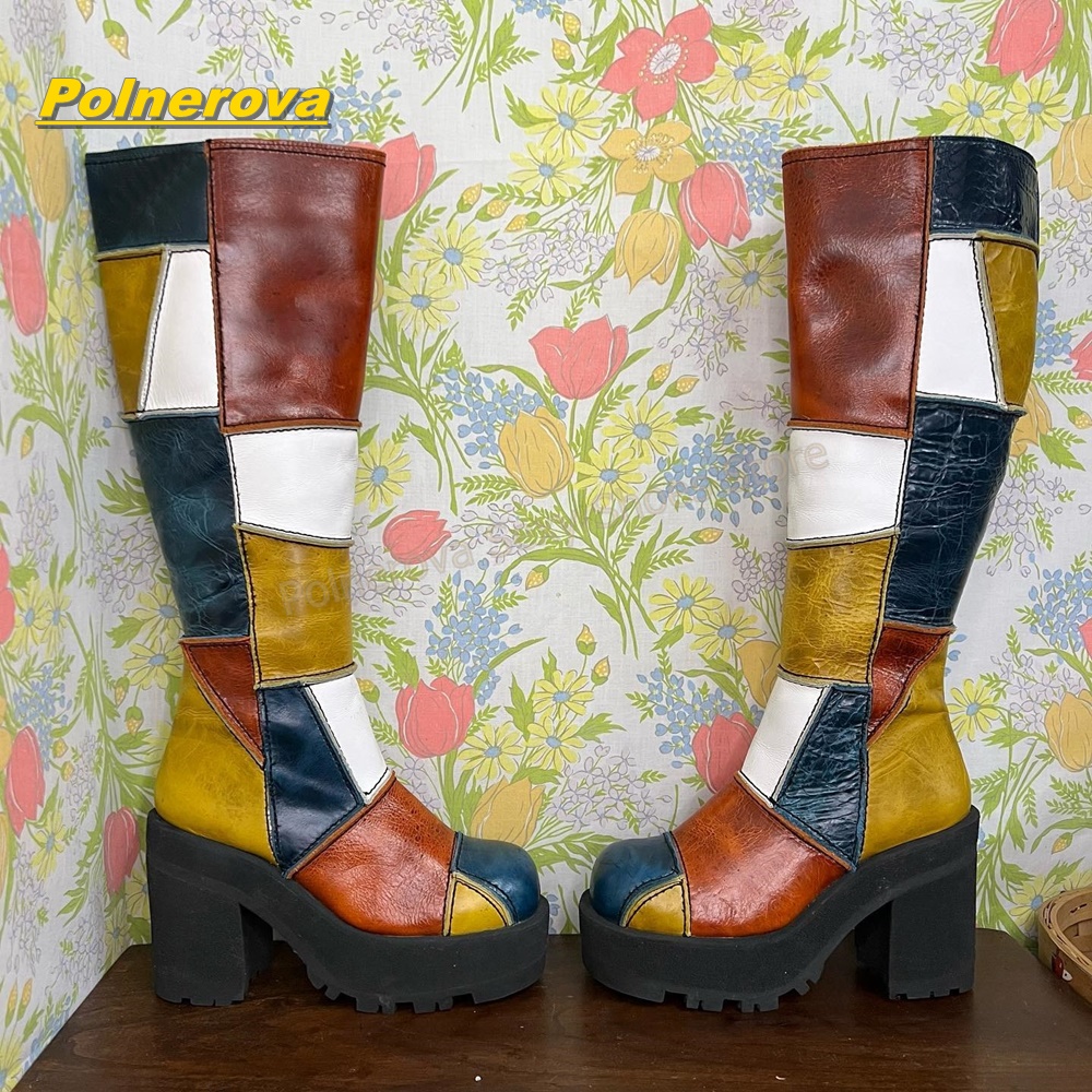 Vintage Fashion Y2K - Bottes hautes en cuir patchwork rétro