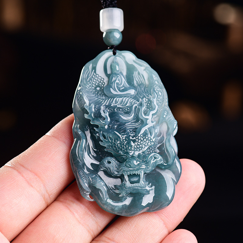 Vintage Fashion Luxury - Collier pendentif Dragon en jadéite birmane