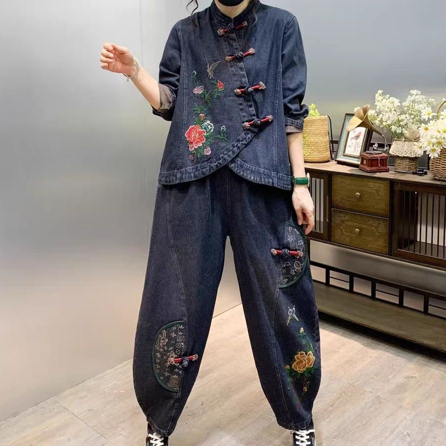 Vintage Fashion Ai - Ensemble deux pièces en denim brodé