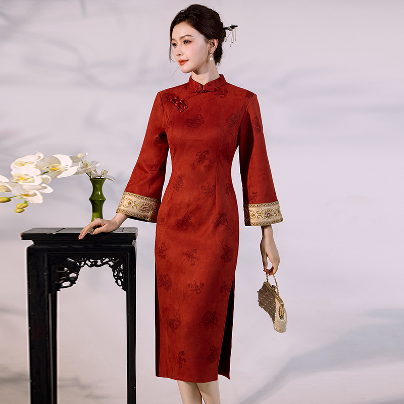 Vintage Fashion Gen Z - Qipao de luxe en velours suédé-robe