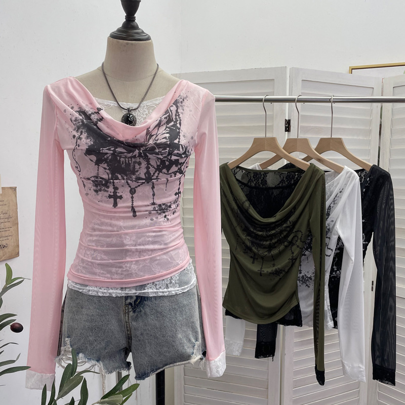 Tie Dye Shirt Vintage - Femmes décontracté dentelle épissage maille à
